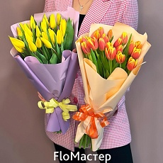 Букет 21 тюльпан (красные/желтые) в упаковке