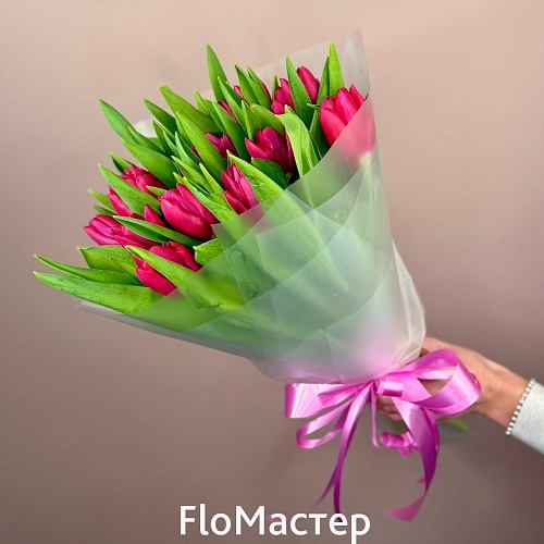 Букет 33 малиновых тюльпана