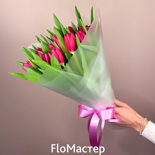 Букет 21 малиновый тюльпан