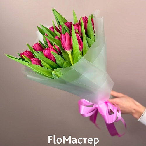 Букет 15 малиновых тюльпанов 